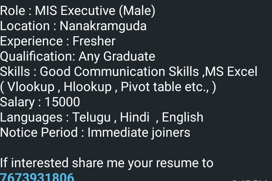 📢 Hiring – MIS Executive (Male)