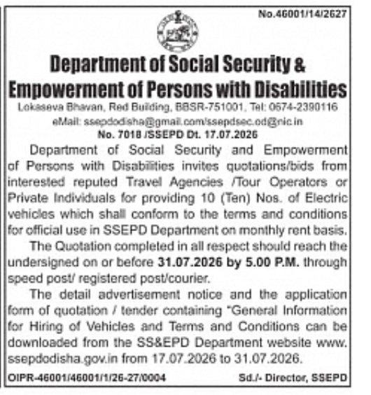 Hiring of 10 Electric Vehicles for SSEPD Department