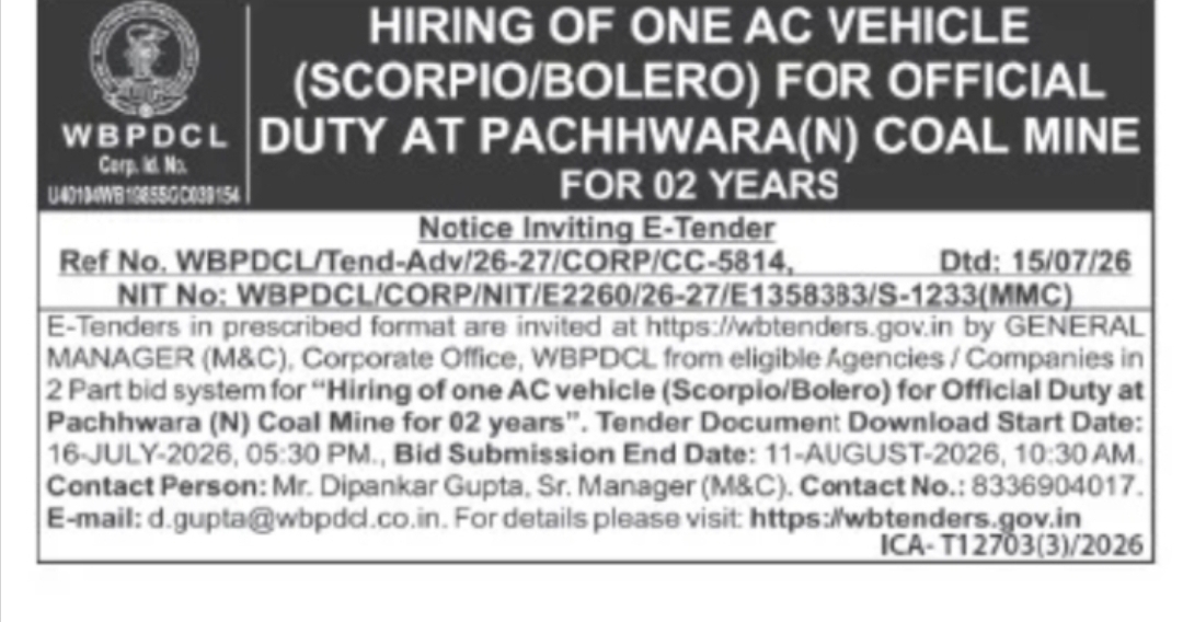 Hiring of AC Vehicle for Pachhwara North Coal Mine
