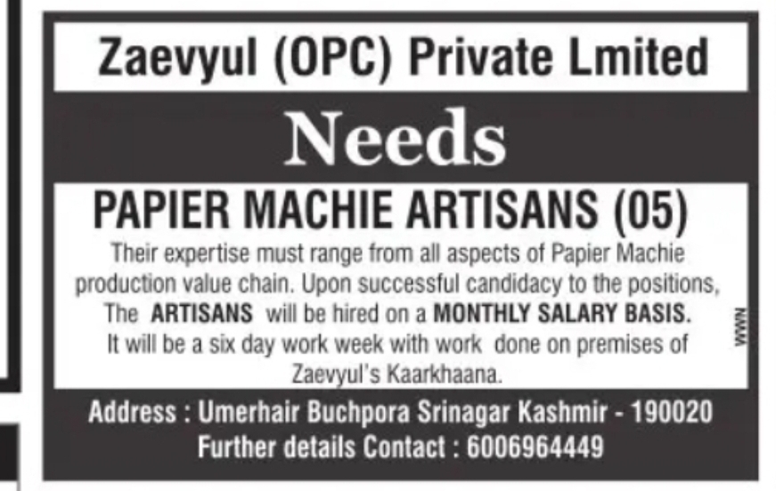 Hiring Papier Mache Artisans – Zaevyul (OPC) Private Limited