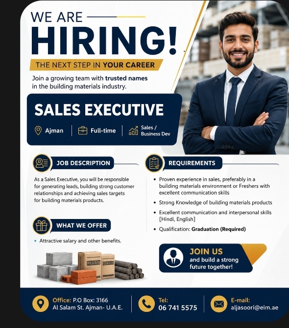 📢 Hiring: Sales Executive – Ajman, UAE 🇦🇪