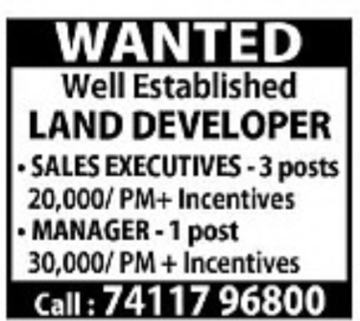 Hiring Sales Executives and Manager – Land Developer