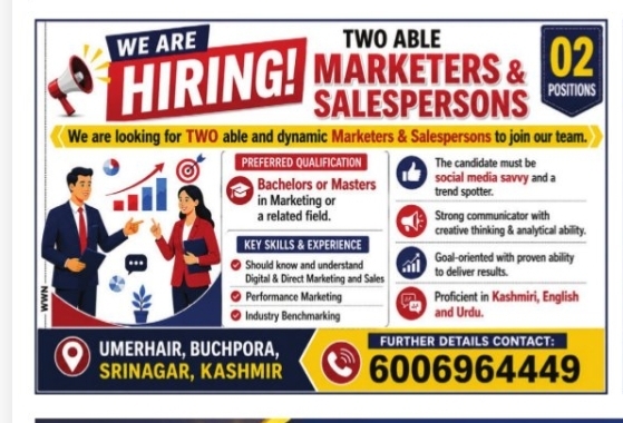 Hiring Salespersons & Marketers – Srinagar, Kashmir