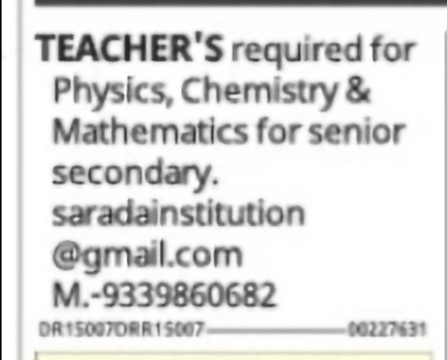 Hiring: Senior Secondary Teachers – Physics, Chemistry & Mathematics