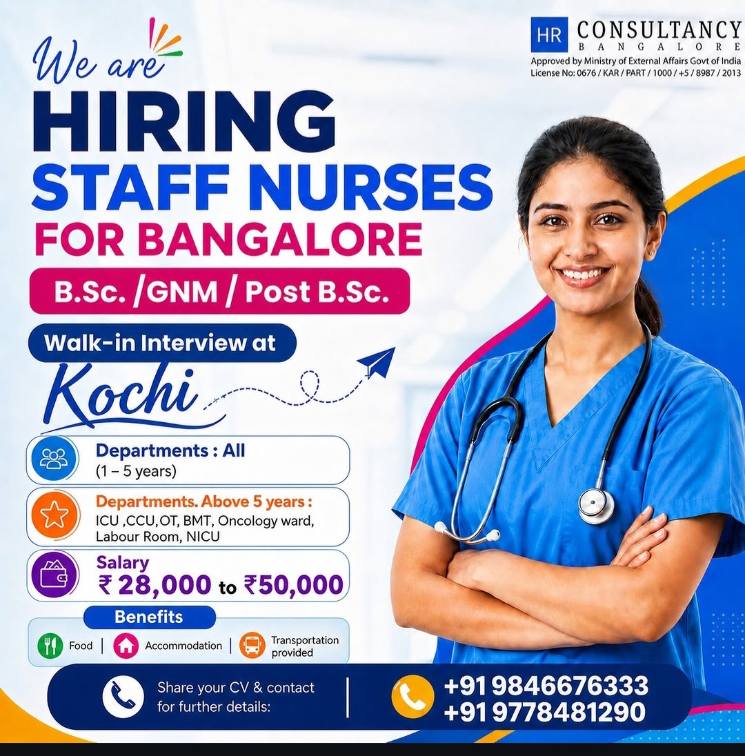 Hiring Staff Nurses for Bangalore | Walk-in Interview at Kochi