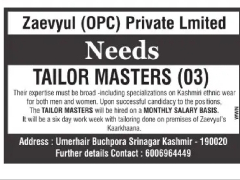 Hiring Tailor Masters – Zaevyul (OPC) Private Limited