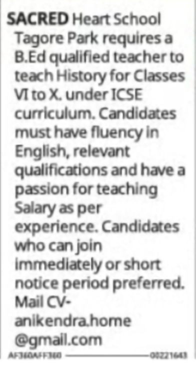 History Teacher – Sacred Heart School, Tagore Park