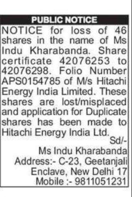 Hitachi Energy India Limited – Lost Shares Notice