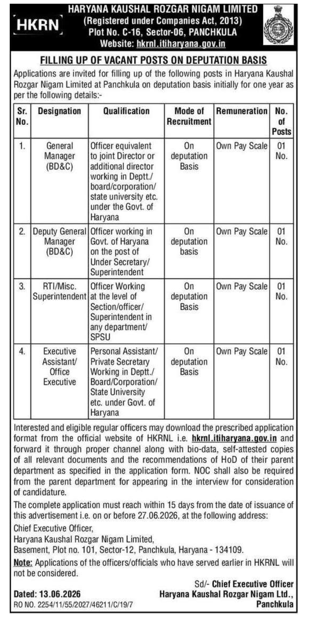 HKRNL Recruitment 2026 – Deputation Basis Vacant Posts Notification at Panchkula