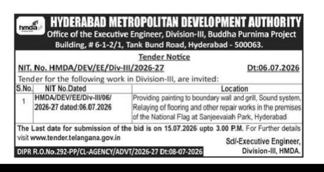 HMDA Invites Tender for Sanjeevaiah Park Repair Works