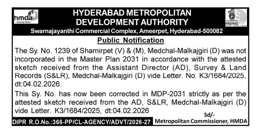 HMDA Public Notification – Correction in Master Plan 2031 for Sy. No. 1239, Shamirpet
