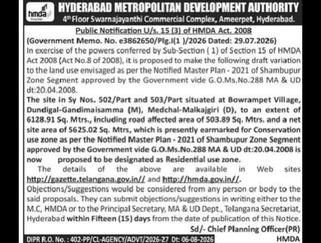 HMDA Public Notification – Proposed Land Use Change in Bowrampet