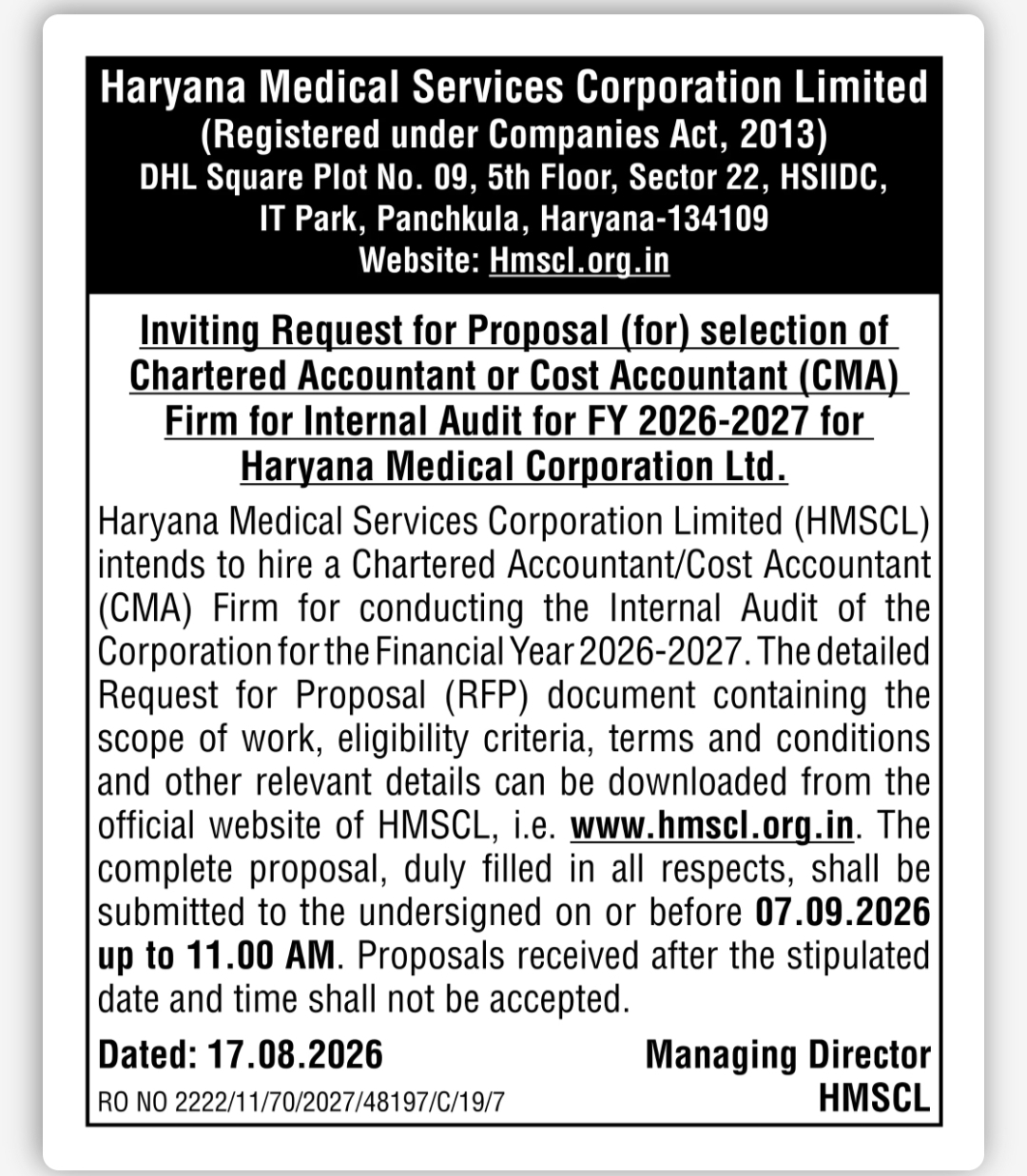 HMSCL RFP – Internal Audit Services for FY 2026-27
