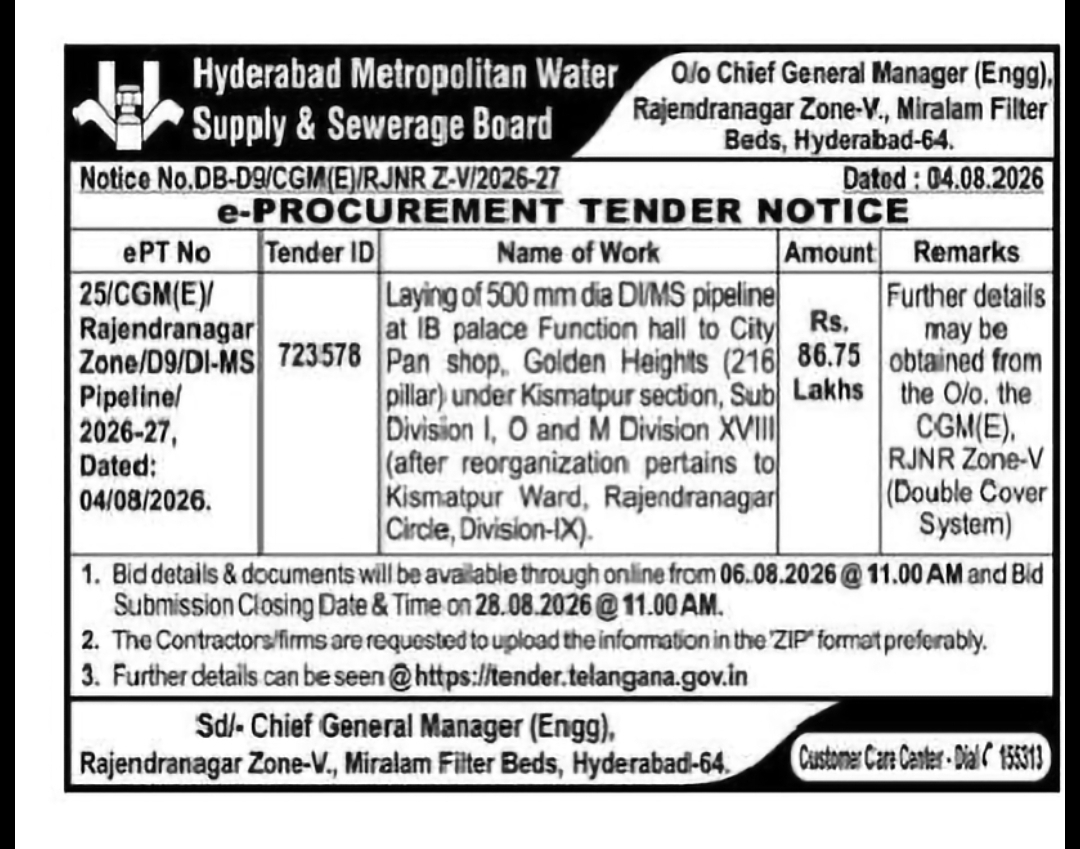 HMWSSB Invites Tender for 500 mm DI Pipeline Work at Rajendranagar