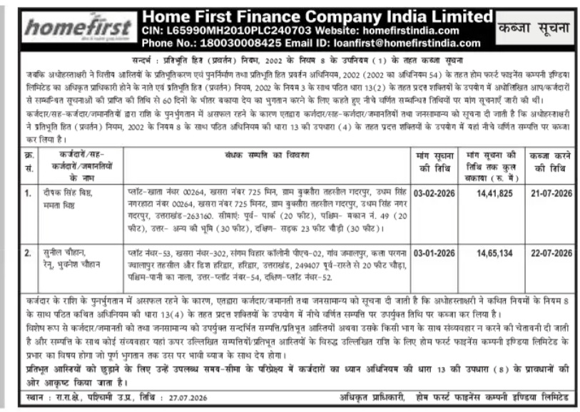 Home First Finance Company India Limited – Possession Notice