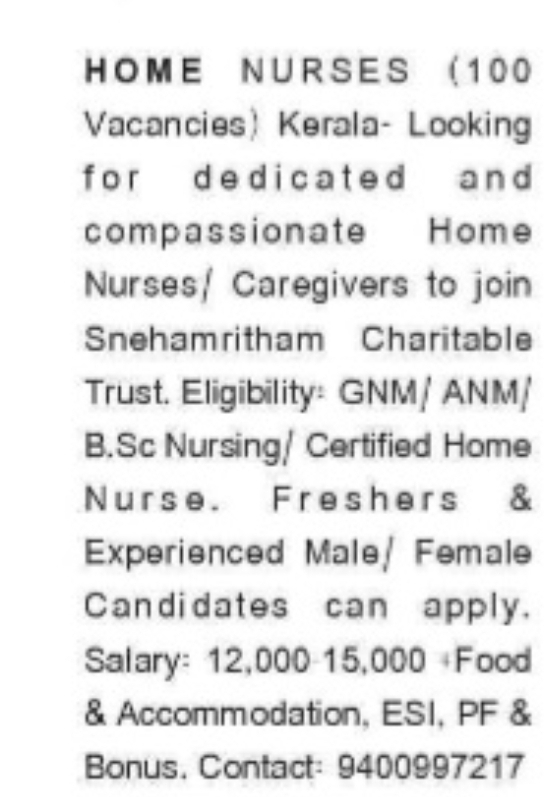 Home Nurses and Caregivers Required in Kerala (100 Vacancies)