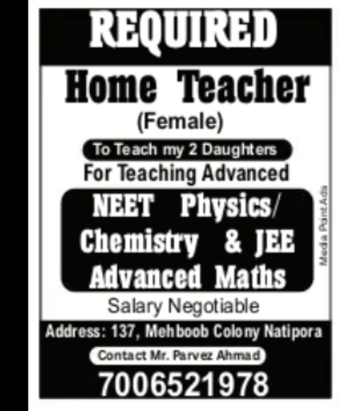 HOME TUTOR REQUIRED – FEMALE (NEET / JEE)