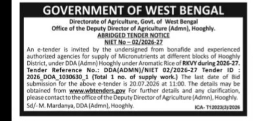 Hooghly Agriculture Department Invites Tender for Supply of Micronutrients