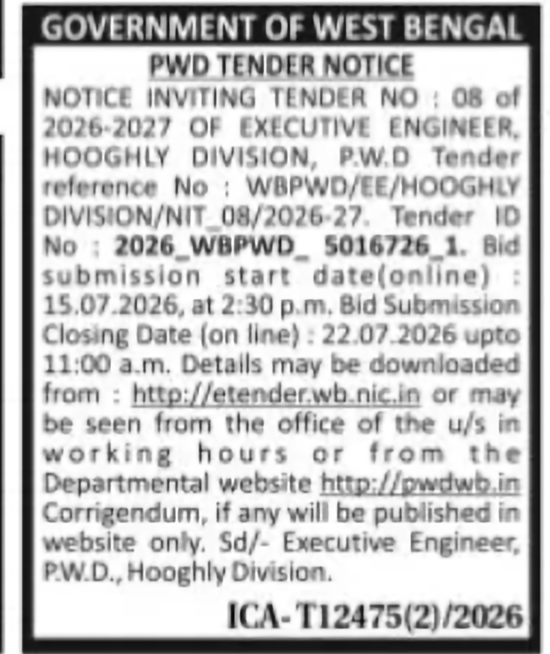 Hooghly Division PWD Tender