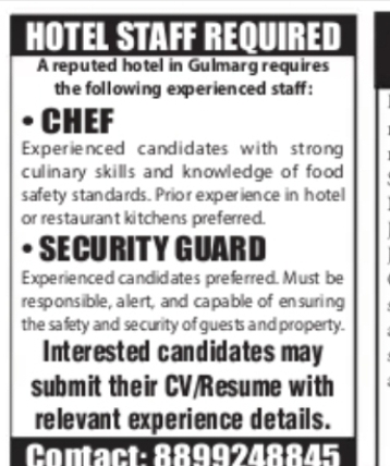 HOTEL STAFF REQUIRED