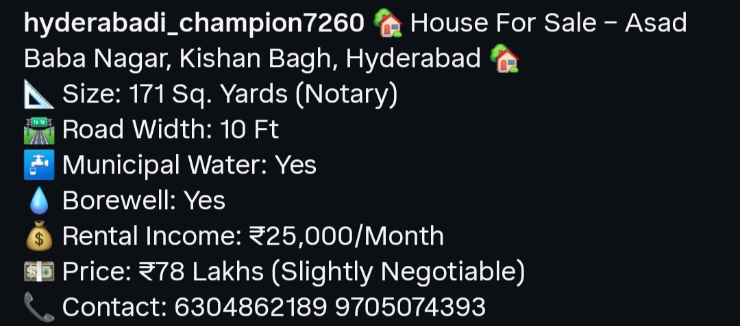 House for Sale – AsadBaba Nagar, Kishan Bagh, Hyderabad