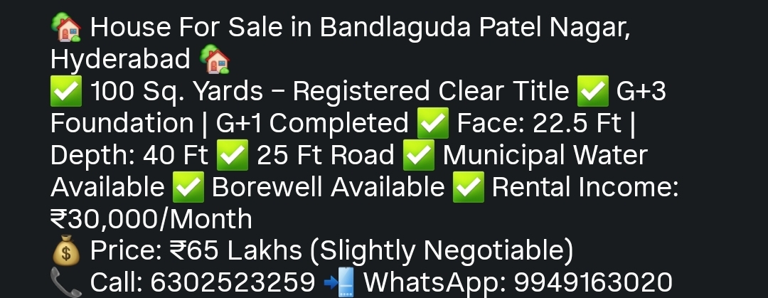 House for Sale in Bandlaguda, Patel Nagar, Hyderabad