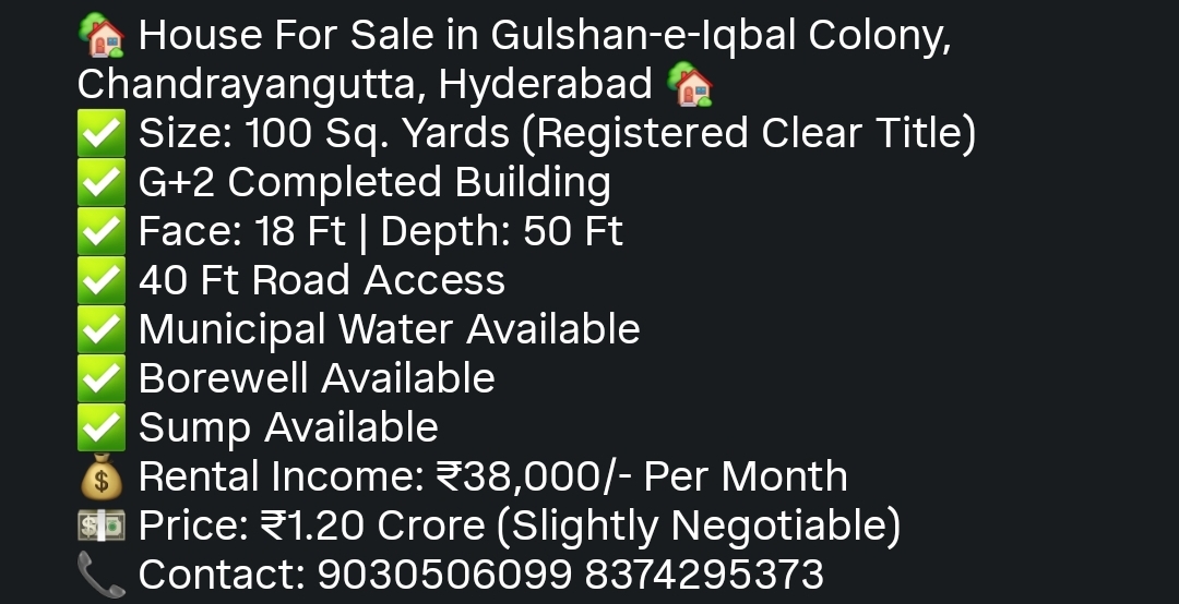 House for Sale in Gulshan-e-Iqbal Colony, Chandrayangutta, Hyderabad