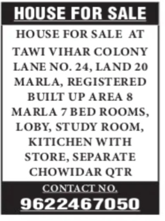 House for Sale – Tawi Vihar Colony