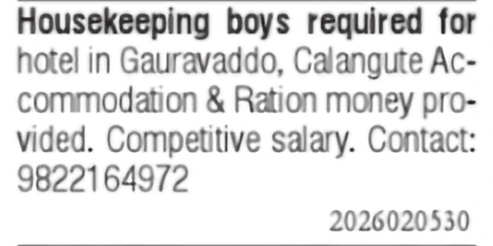 Housekeeping Staff Required – Hotel in Calangute