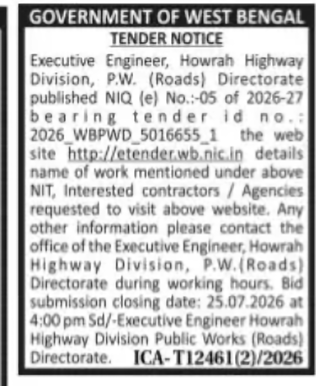 Howrah Highway Division e-Quotation Notice