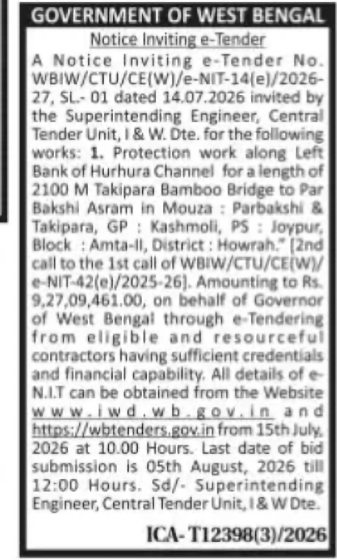 Howrah Hurhura Channel Protection Work Tender