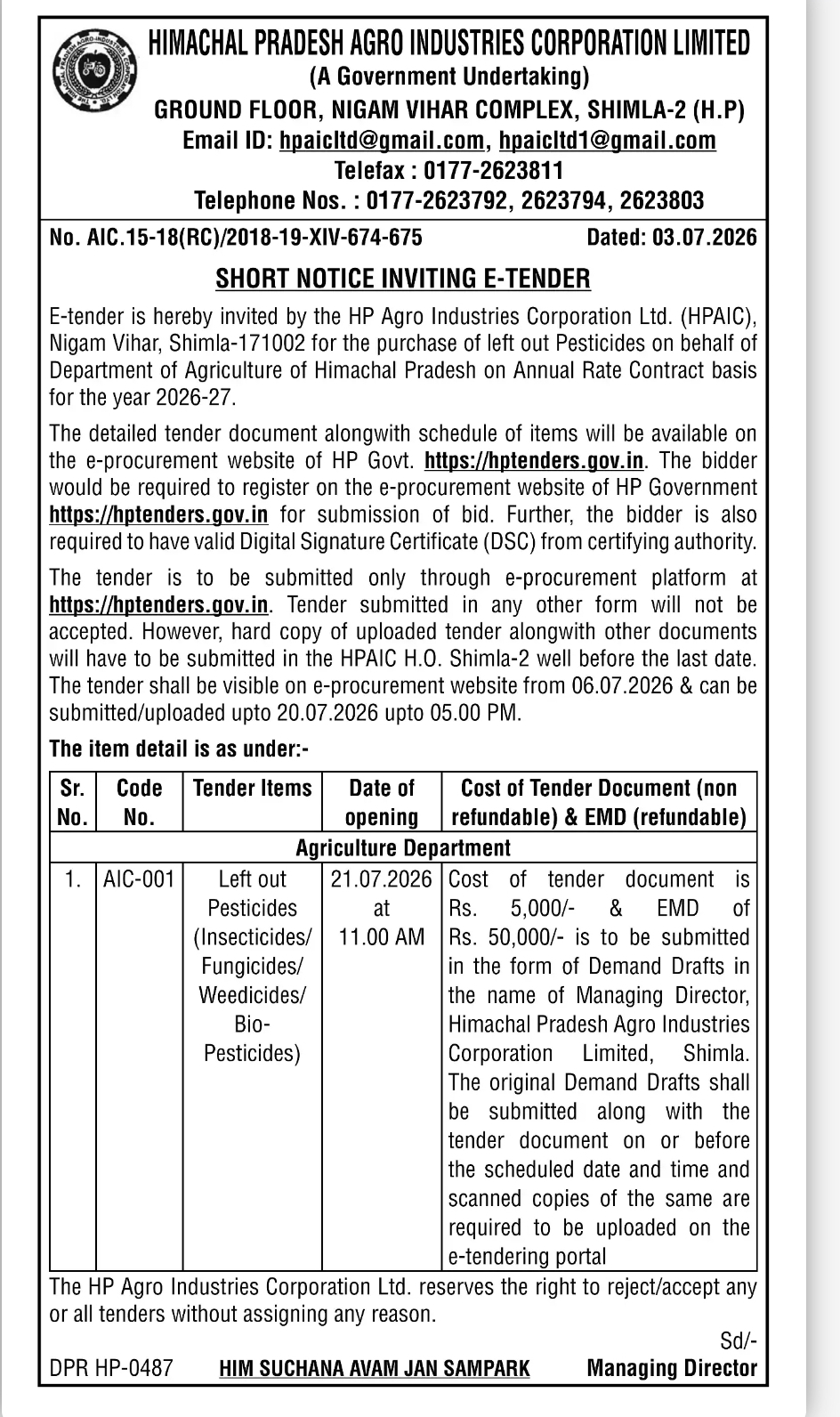 HP Agro Industries Corporation Ltd Shimla E-Tender Notice for Pesticides Supply 2026–27