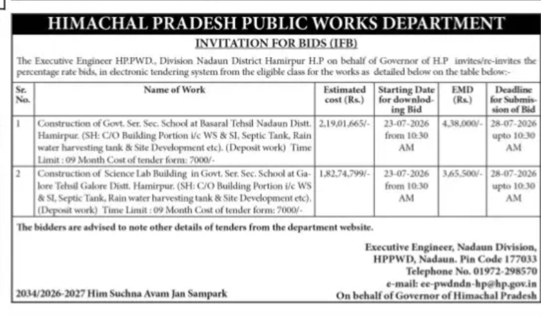 HPPWD Tender – Construction of School Buildings in Hamirpur District