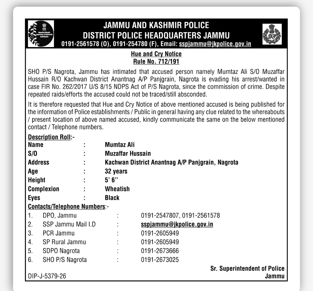 Hue and Cry Notice Issued for Wanted Accused Mumtaz Ali – Jammu Police