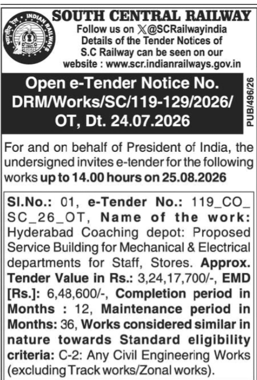 Hyderabad Coaching Depot – Service Building Construction Tender