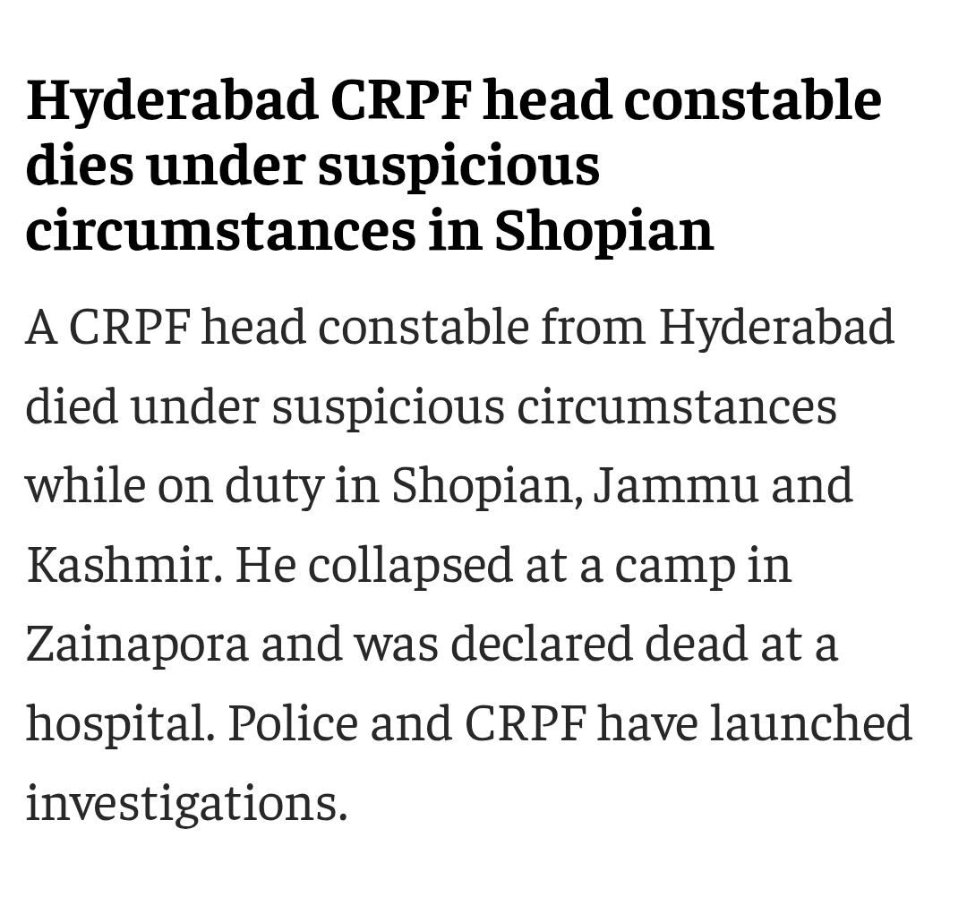 Hyderabad CRPF head constable dies under suspicious circumstances in Shopian