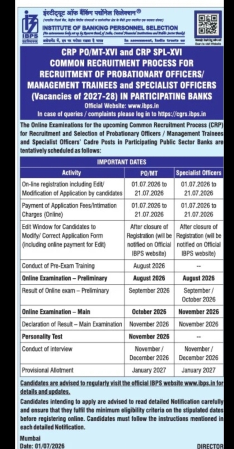 IBPS CRP PO/MT-XVI & Specialist Officers Recruitment 2027–28