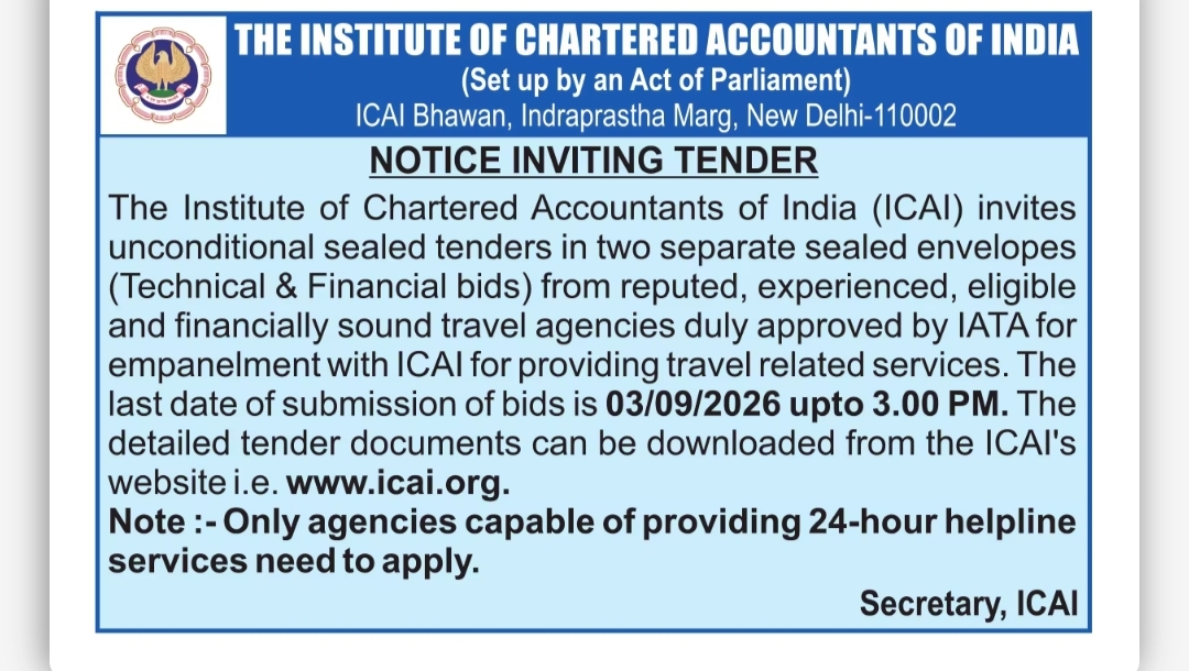ICAI TENDER NOTICE – EMPANELMENT OF IATA-APPROVED TRAVEL AGENCIES