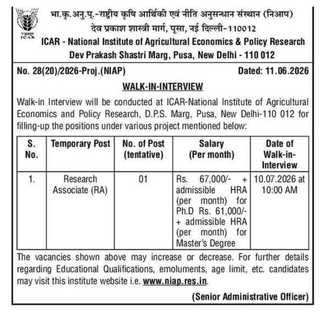 ICAR-NIAP Recruitment 2026: Walk-in Interview for Research Associate Posts in New Delhi