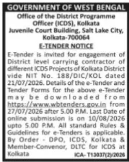 ICDS Kolkata – District Level Carrying Contractor Tender