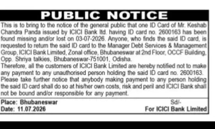 ICICI Bank Public Notice – Lost Employee ID Card