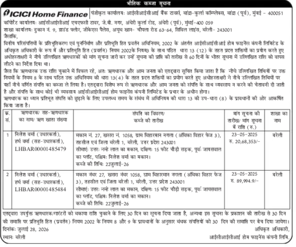ICICI Home Finance Possession Notice – Bareilly, Uttar Pradesh
