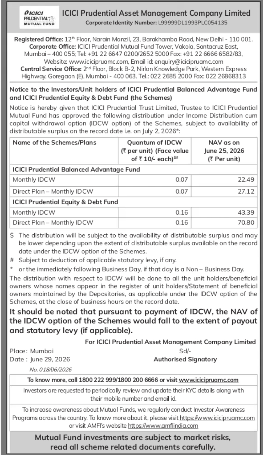 ICICI Prudential Mutual Fund IDCW Distribution Notice – July 2026