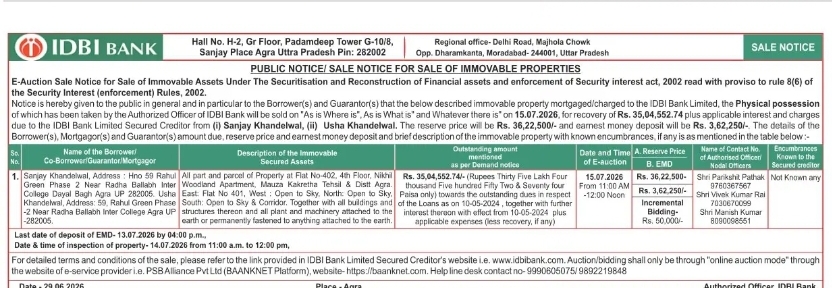 IDBI BANK E-AUCTION SALE NOTICE – AGRA, UTTAR PRADESH