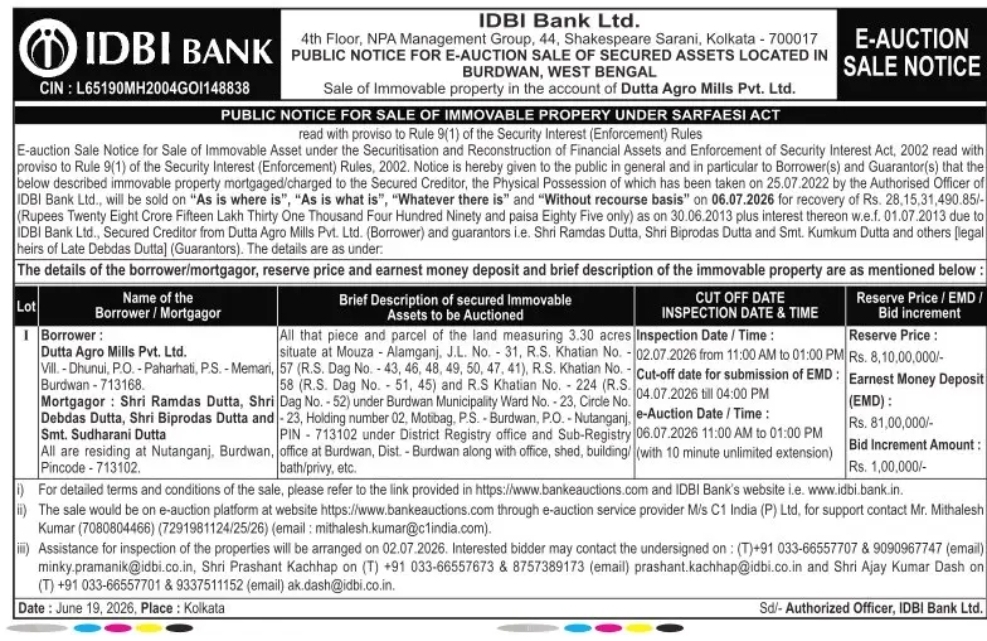 IDBI Bank – E-Auction Sale Notice