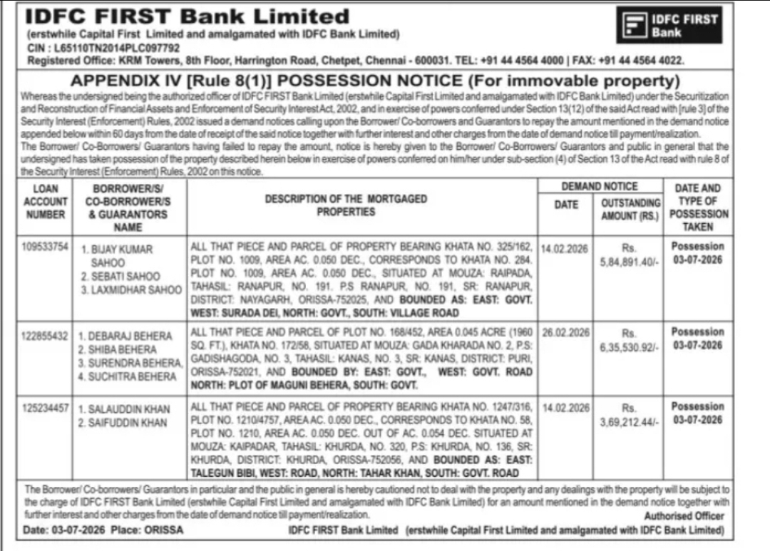 IDFC FIRST Bank Possession Notice – Orissa