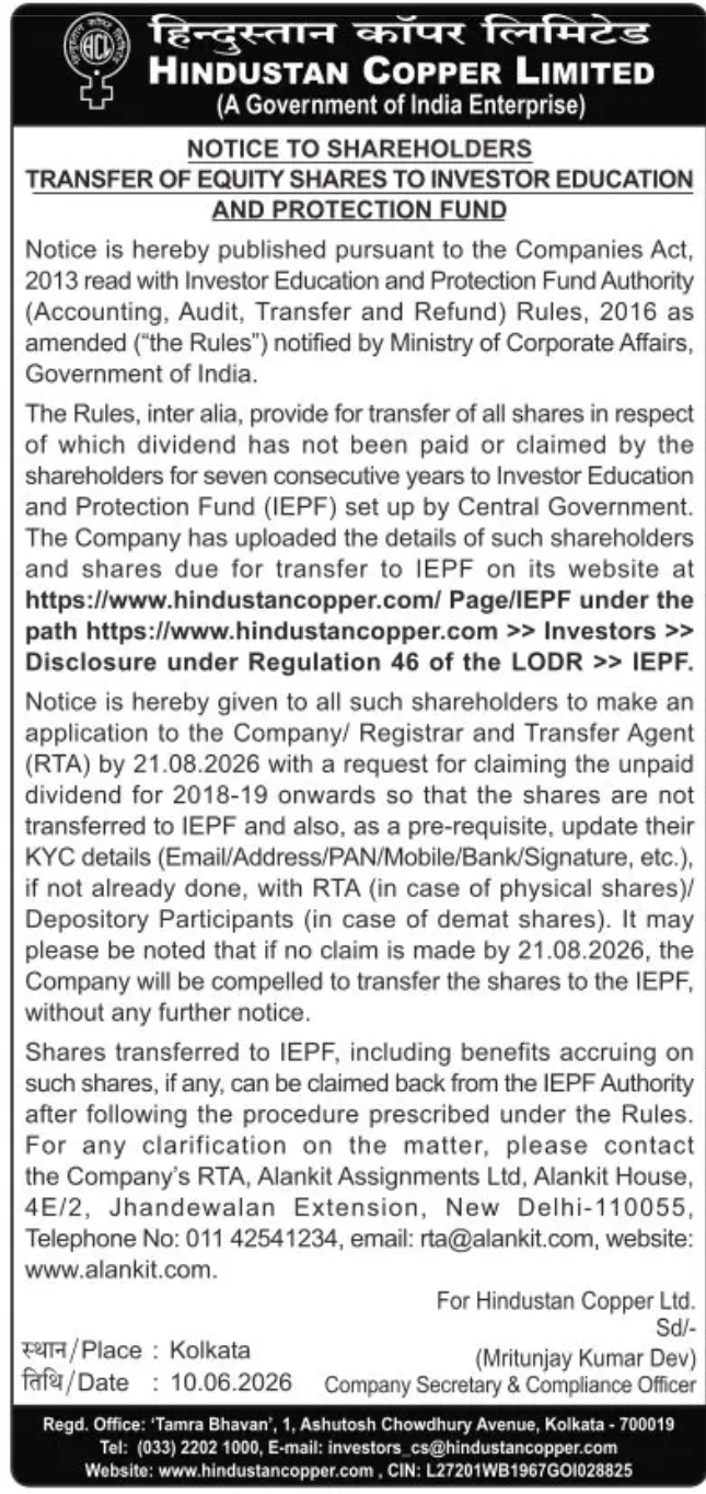 IEPF Notice – Transfer of Equity Shares (Hindustan Copper Limited)