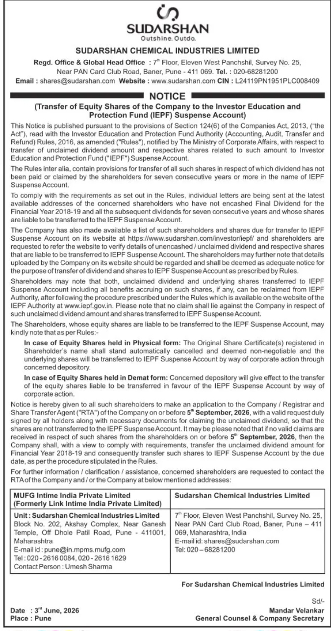 IEPF Notice – Transfer of Unclaimed Equity Shares
