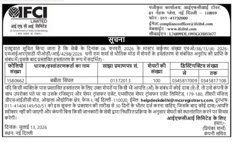 IFCI Limited Issues Notice Regarding Proposed Share Transfer