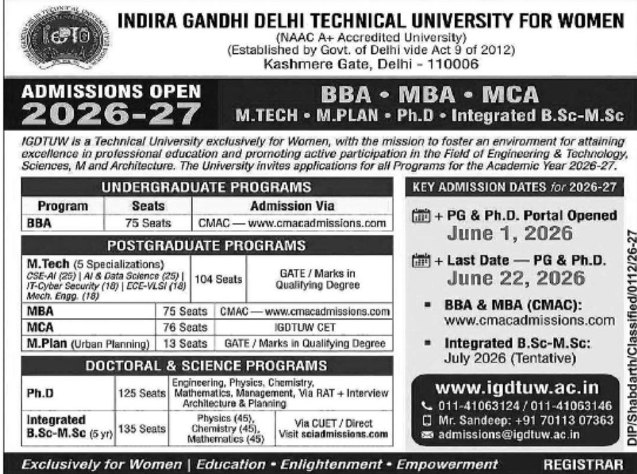 IGDTUW Admissions Open 2026–27